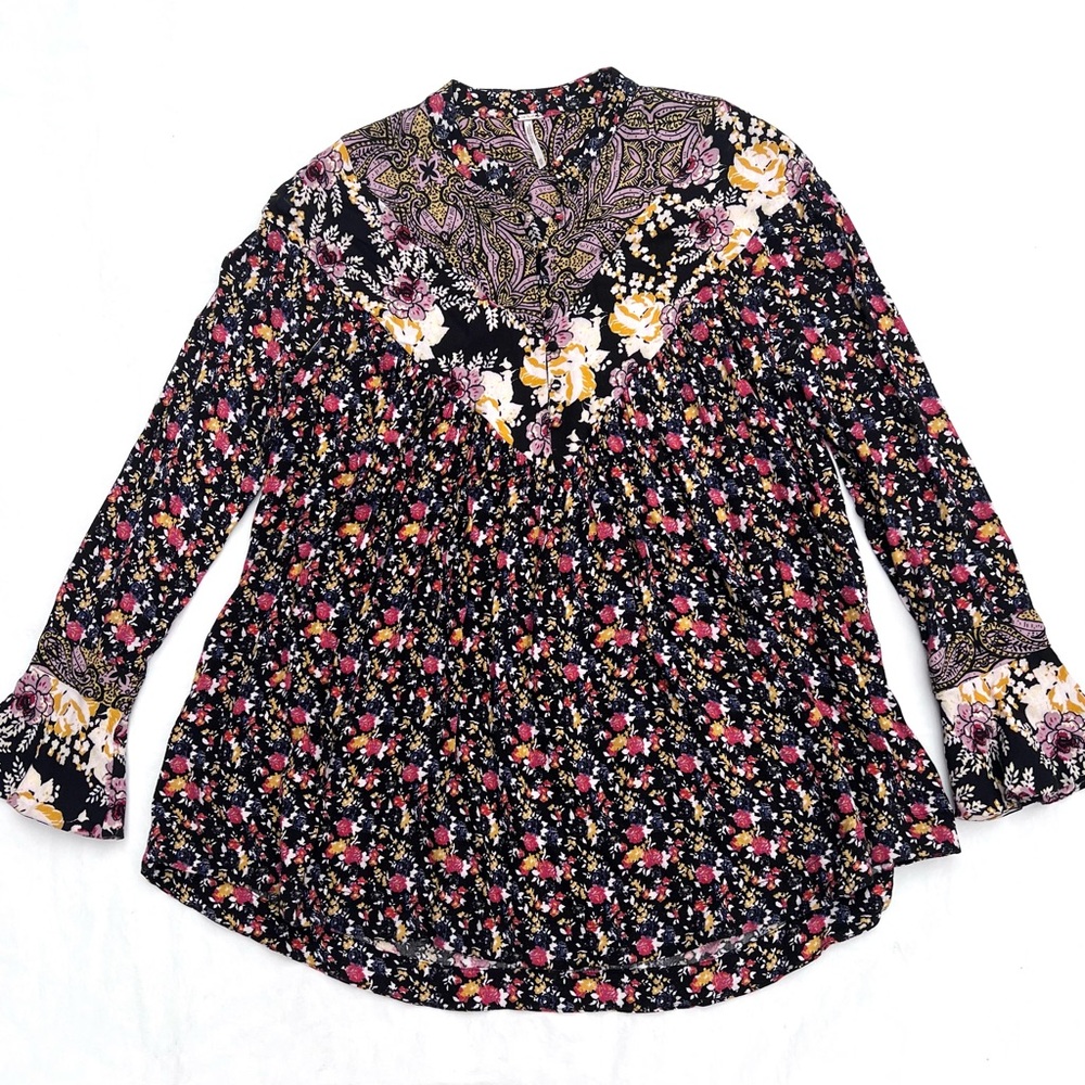 Free People Floral Paisley Tunic Boho Ruffle Sleeves Oversized XS S